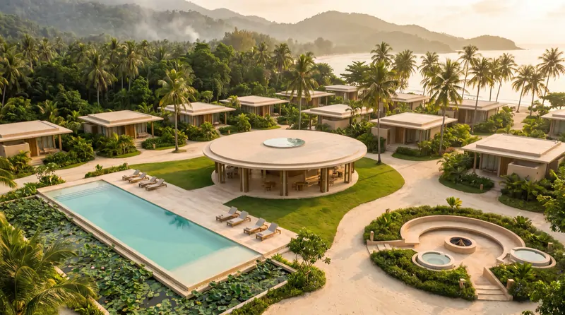 Aerial, temple and water side, morning