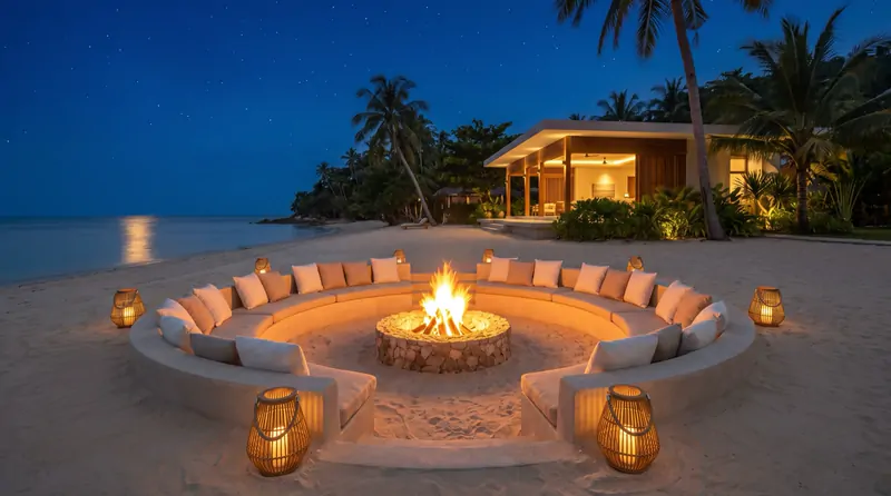Beach fire circle at night