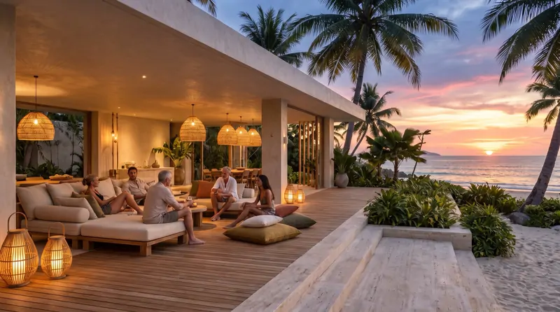 Sunset lounge with people, dusk