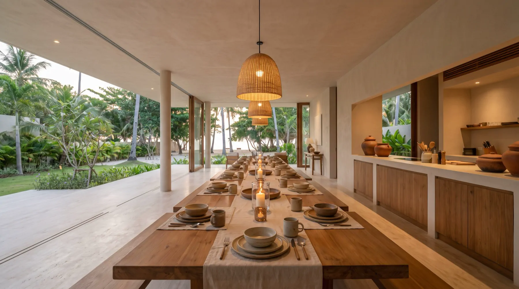 The Great Hall in the evening: one long shared table under woven pendant lamps, open to the garden.