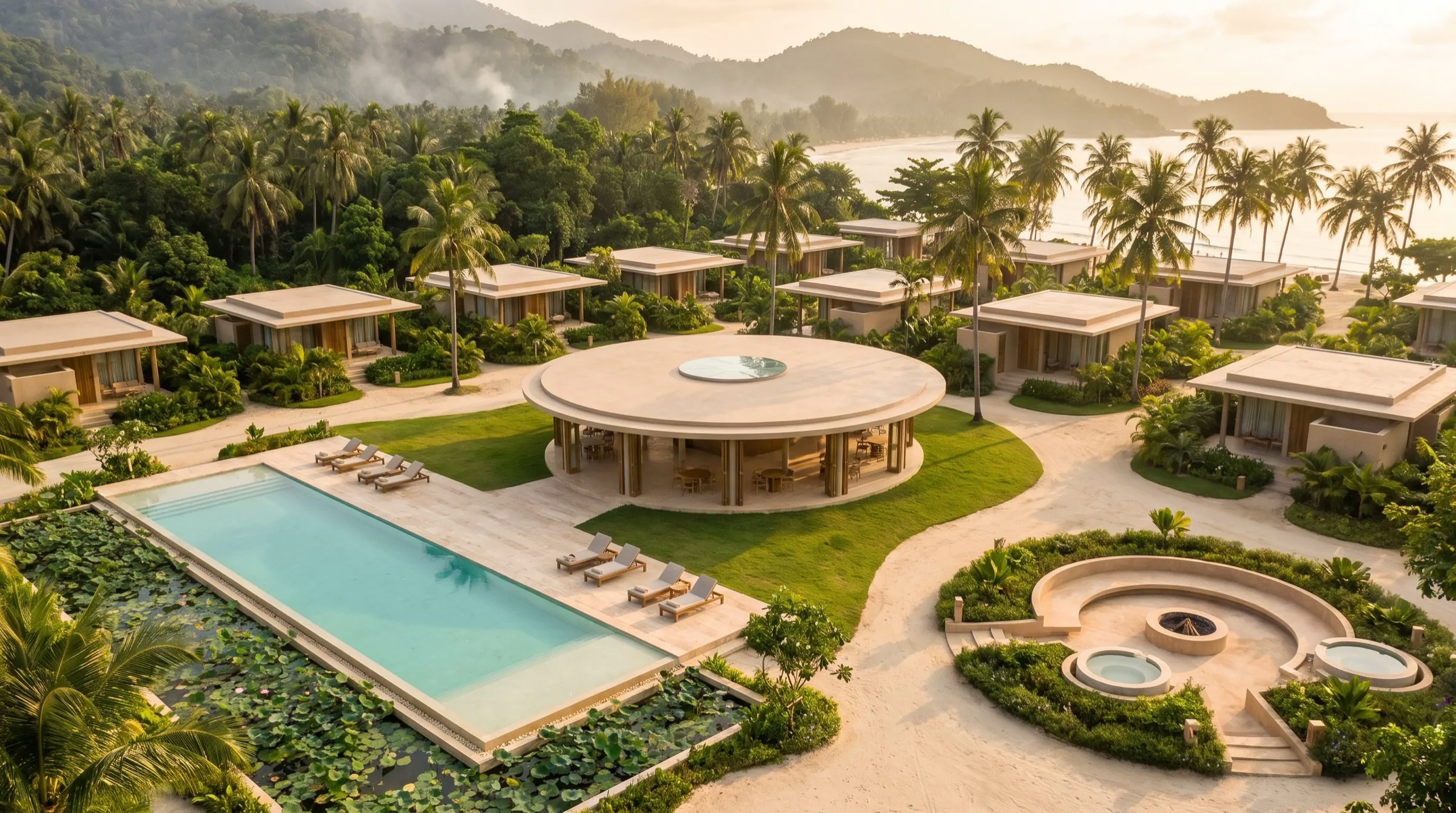 Morning over Inhale Land: the round temple hall at the heart, the long pool and lotus garden, the sunken fire circle and the villas among the palms, with the sea and the hills beyond.