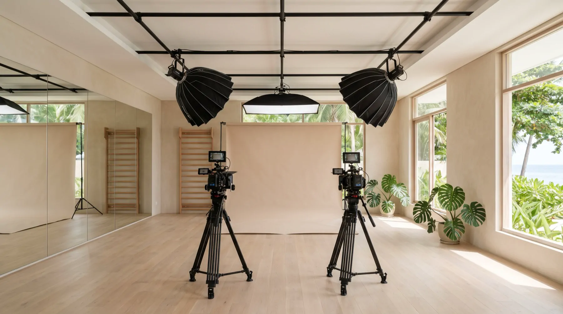 A bright studio for training and filming, with a mirror wall, a backdrop and cameras.