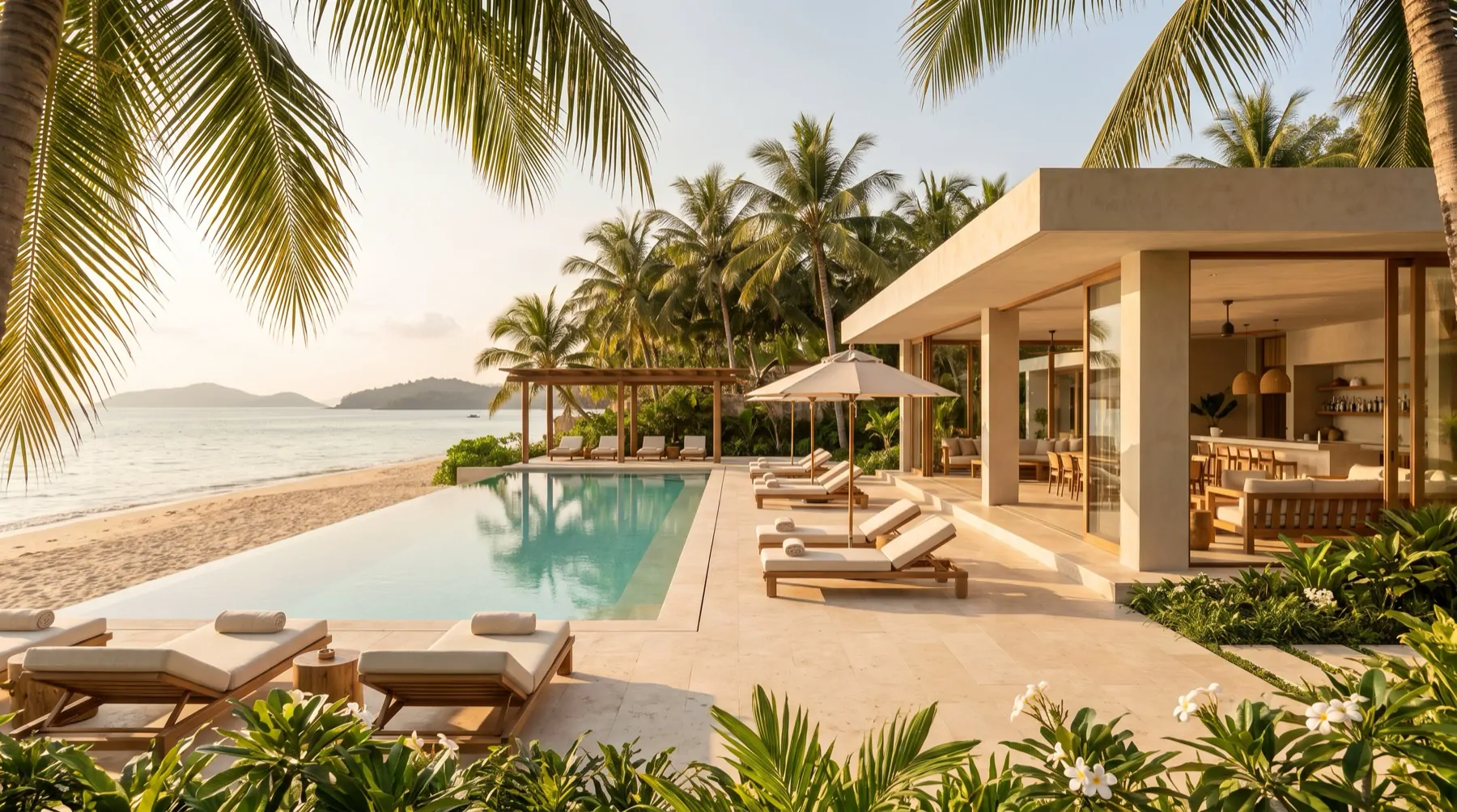 The pool deck: a long infinity pool by the beach beside a flat roofed lounge pavilion.