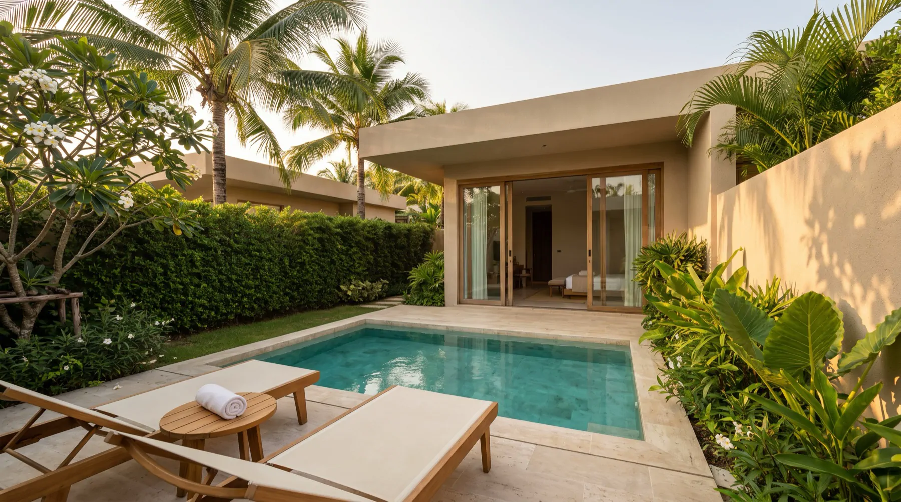 A private villa garden with a plunge pool, loungers and a tall green hedge.