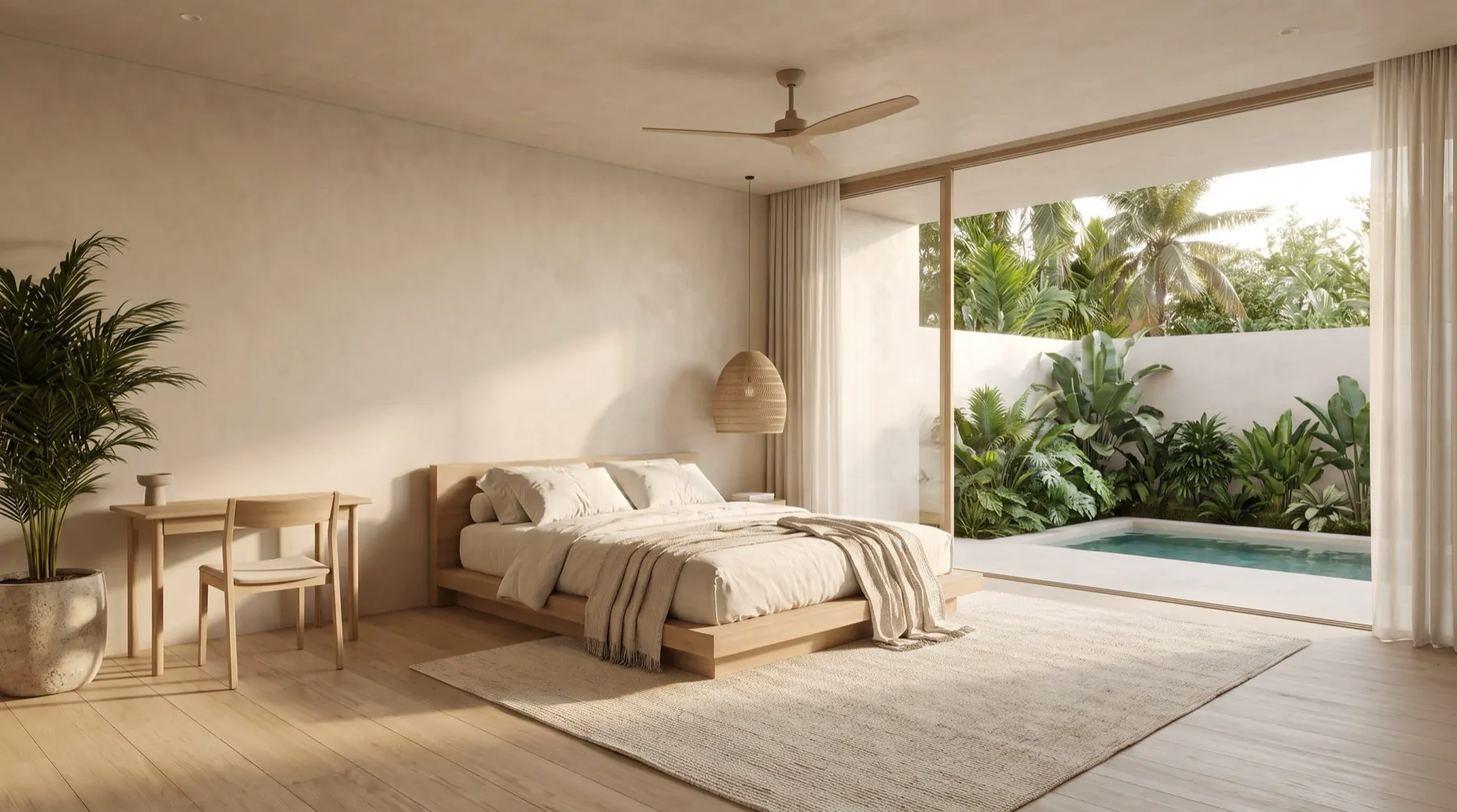Inside a villa: a low oak bed, linen, and a glass wall open to the private garden and pool.